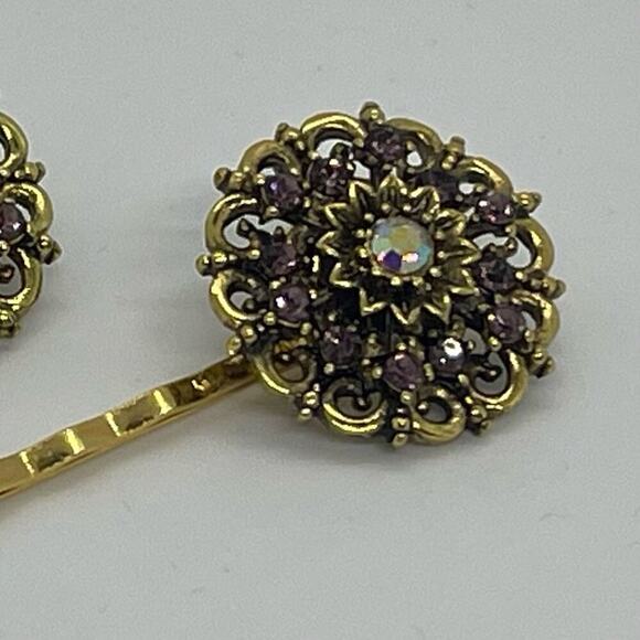 Handmade Purple Rhinestone Gold Set Hair Clips Whimsical HoCo Fairy Jewelry NWT - Picture 2 of 6